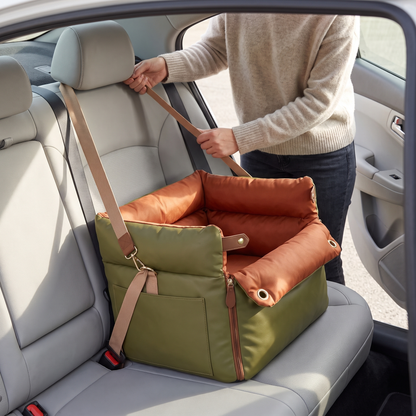 dog car seat with safety belt premium leather look travel bed in use