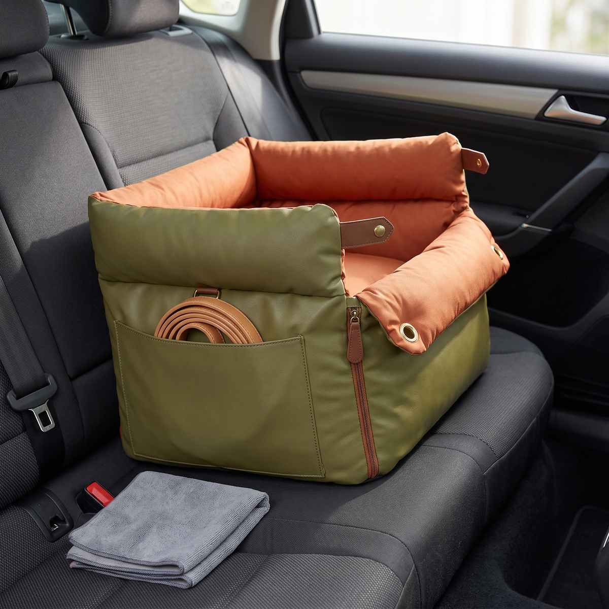 dog car seat with safety belt premium leather look travel bed in use