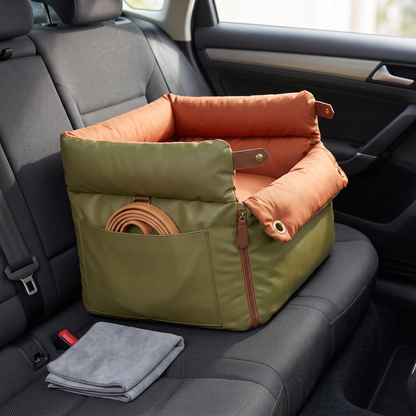 dog car seat with safety belt premium leather look travel bed in use