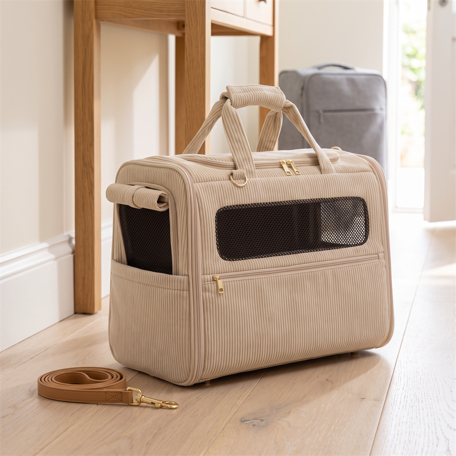 dog carrier airline friendly soft travel tote 55x40x23 beige cord in use