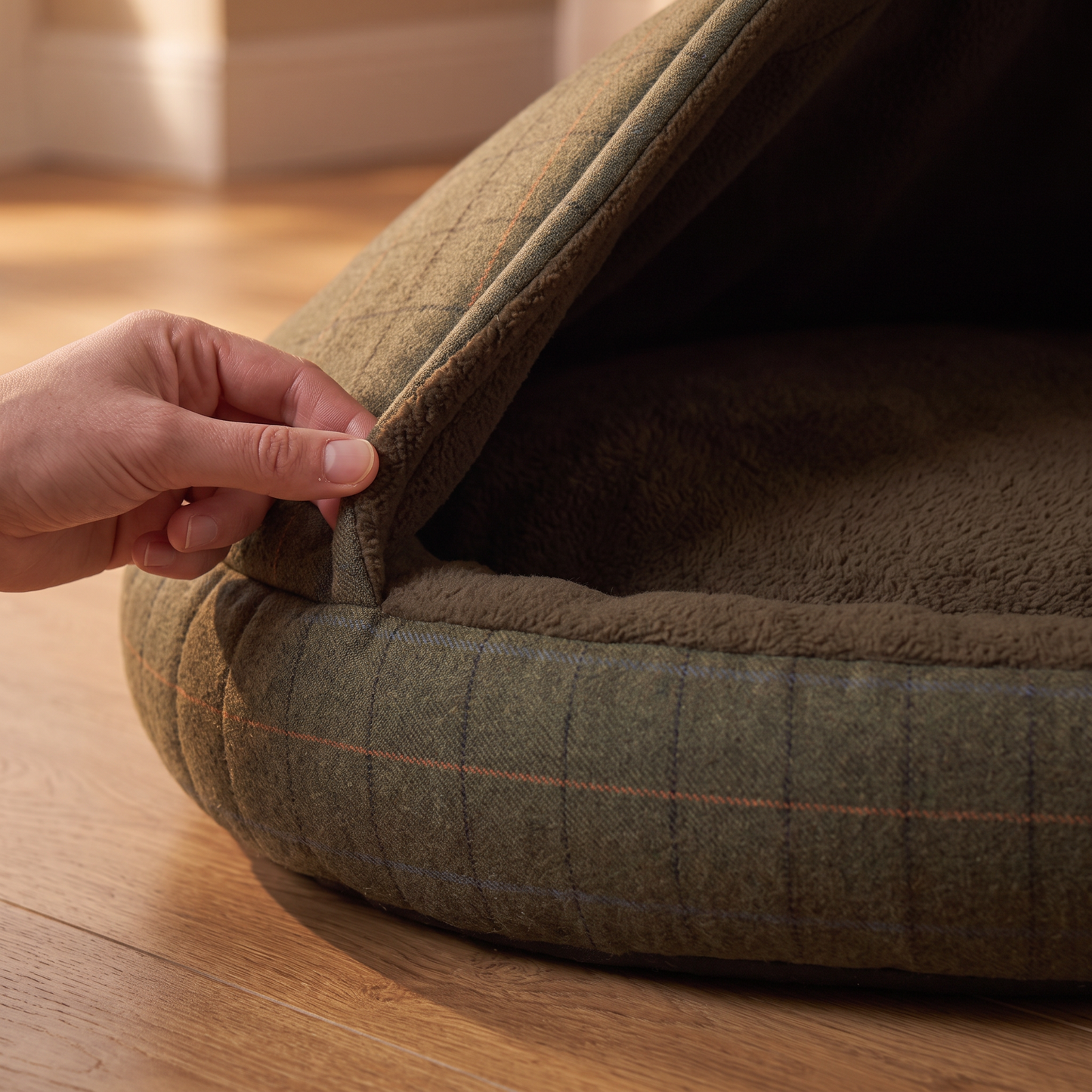 b2 cosy materials: fingers folding the hood edge back so the tweed-style outer and the brushed fleece lining are both vi