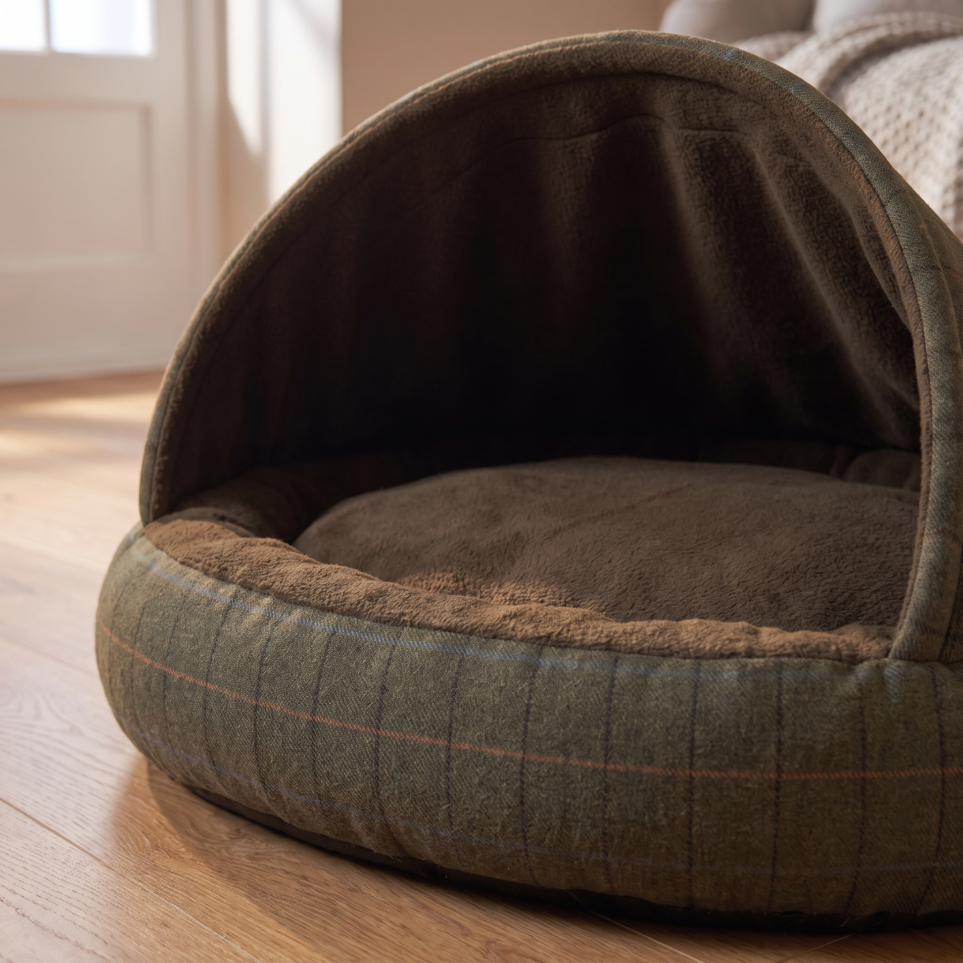b2 cosy materials: green tweed outside meeting brushed brown fleece inside, with the structured hood holding its arch an