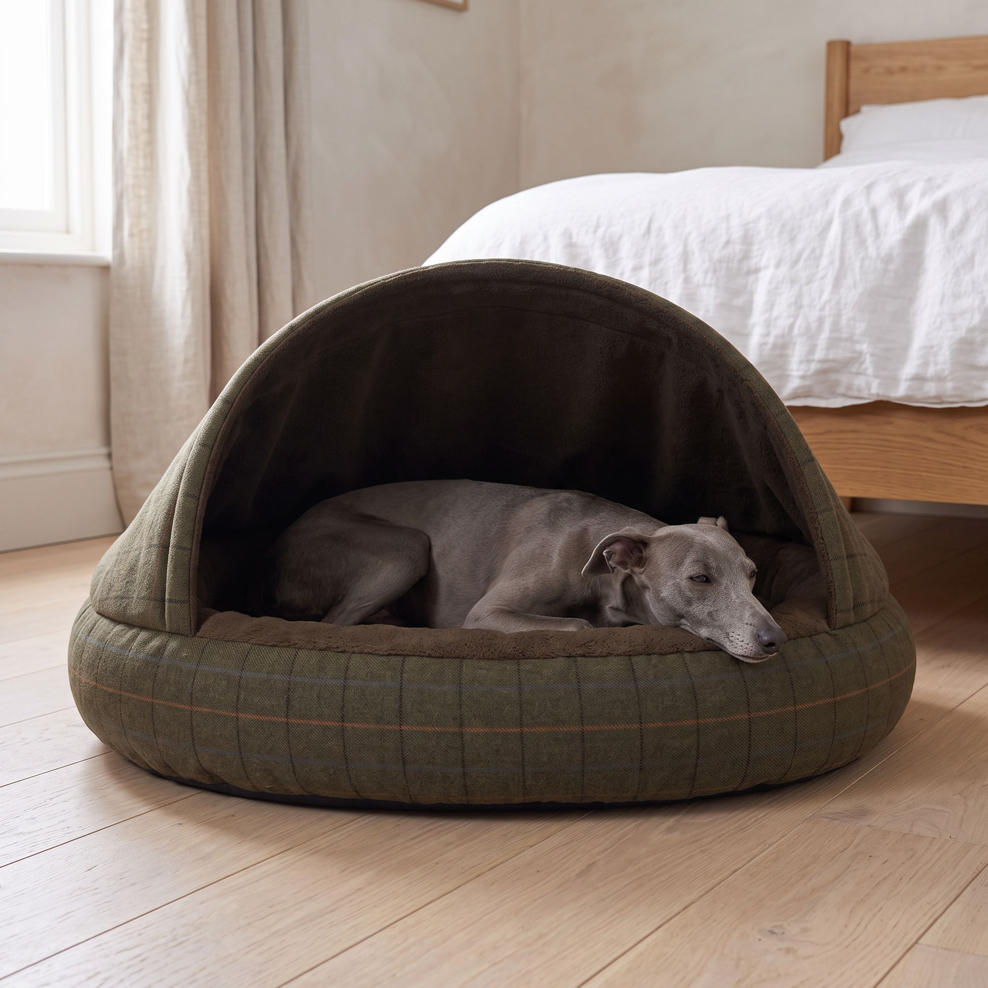 dog cave bed with hood green tweed cocoon covered dog bed in use