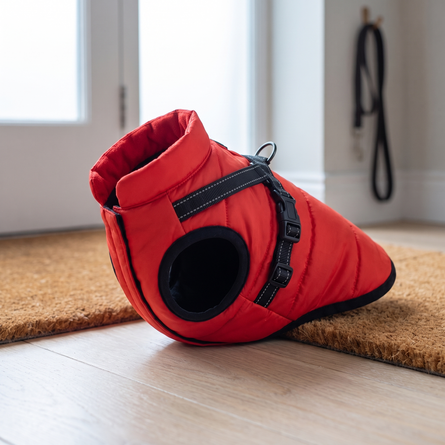 dog coat with built in harness waterproof padded winter jacket in use