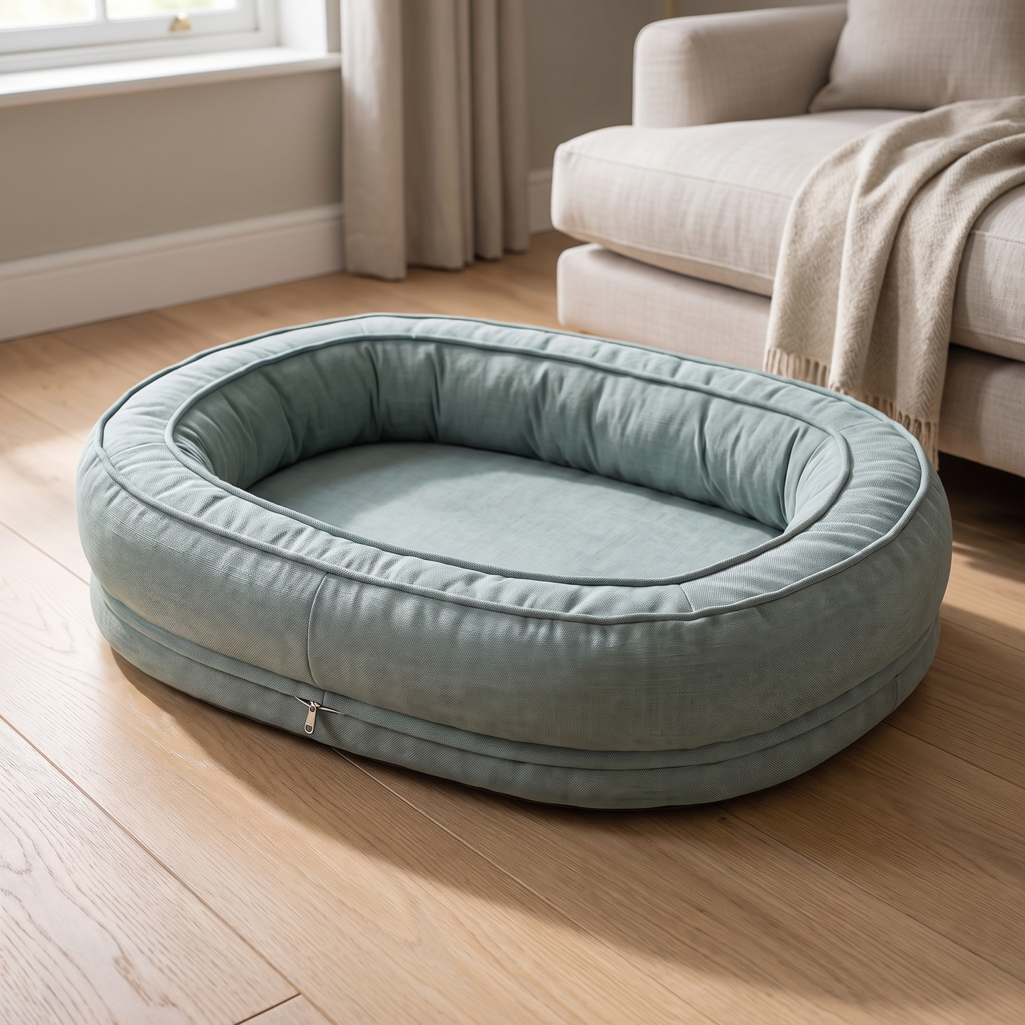 donut dog bed with removable machine washable cover in use