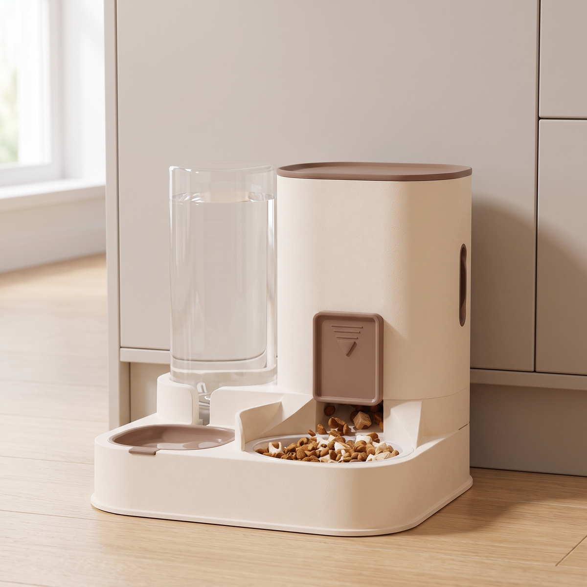 The cream and mocha gravity feeder and water station beside modern kitchen cabinets