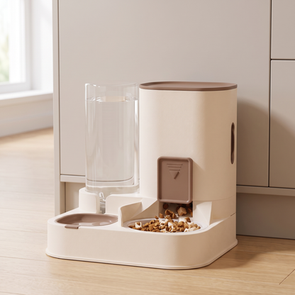 The cream and mocha gravity feeder and water station beside modern kitchen cabinets