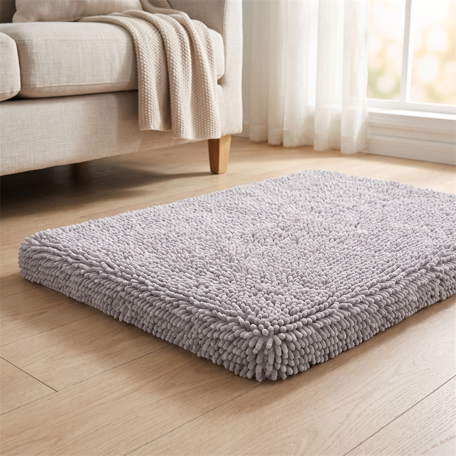 memory foam dog mat with washable removable noodle cover in use