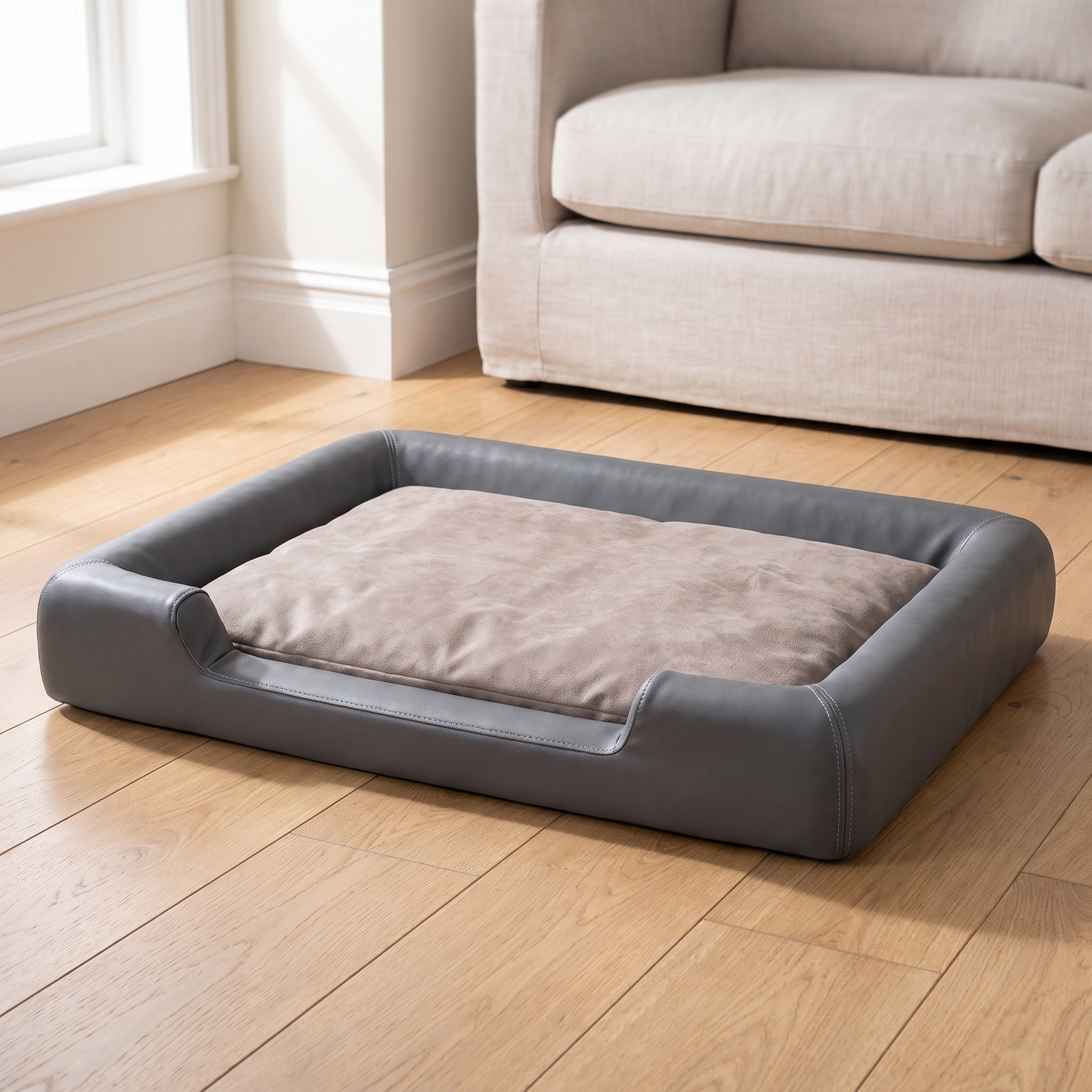 orthopedic dog bed with memory foam in premium vegan leather in use
