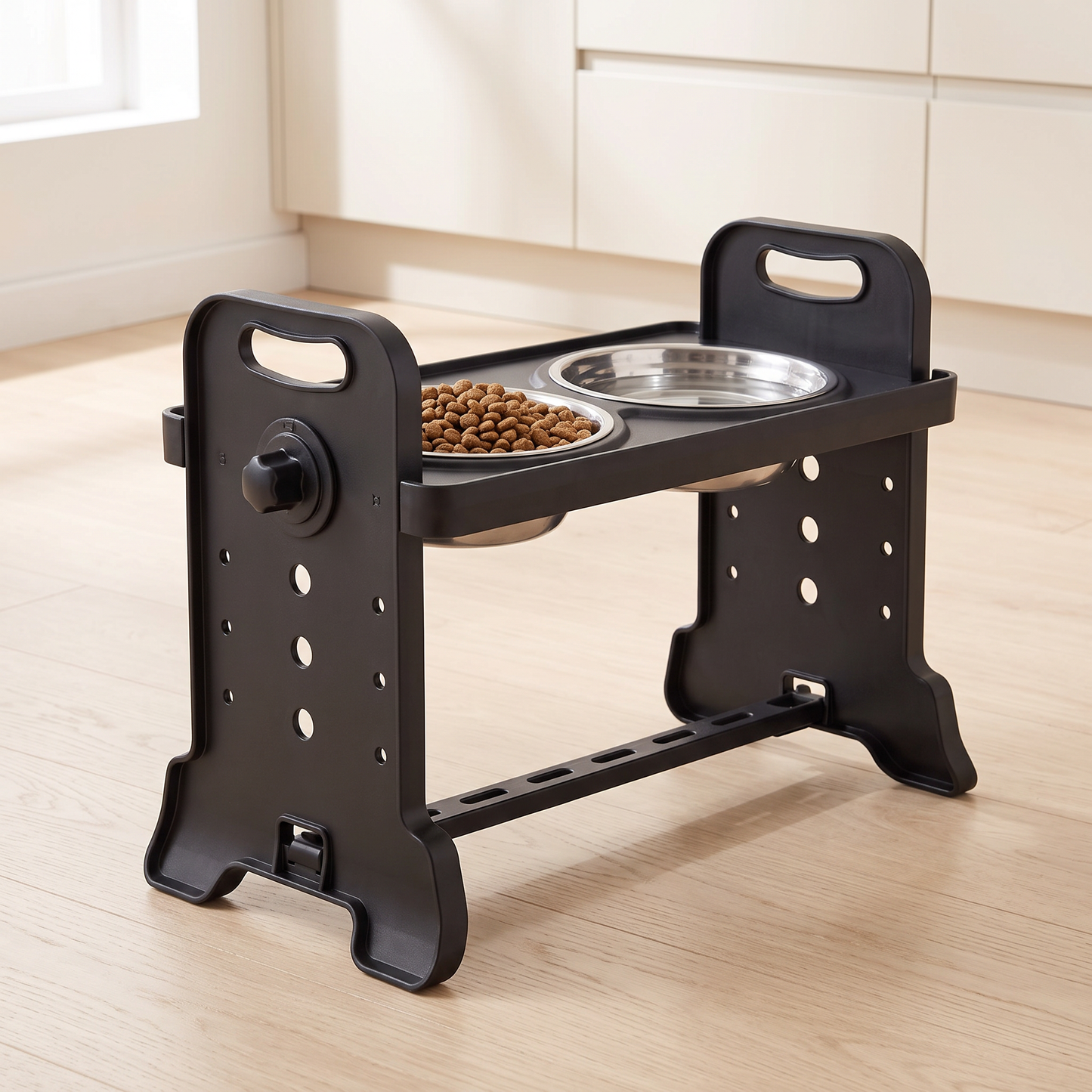 raised dog bowls with height adjustable stand and twin steel bowls in use