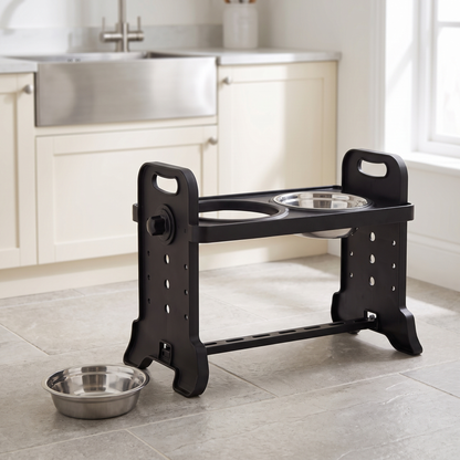 raised dog bowls with height adjustable stand and twin steel bowls in use