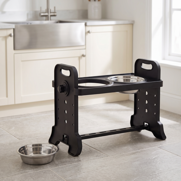 raised dog bowls with height adjustable stand and twin steel bowls in use