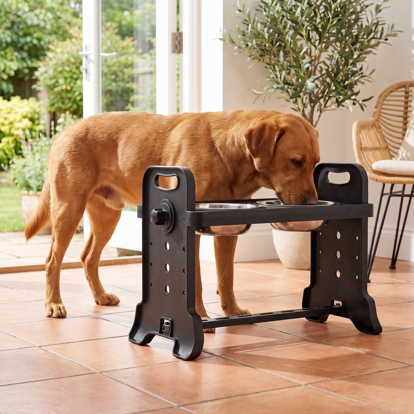raised dog bowls with height adjustable stand and twin steel bowls in use