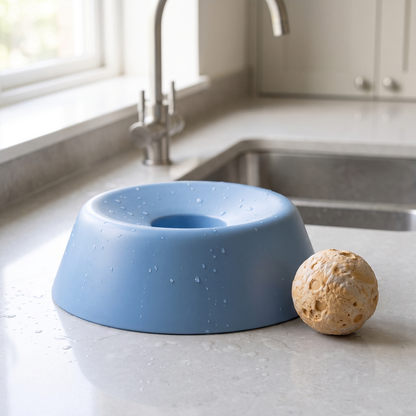 slow feeder dog bowl with rolling enrichment ball in use