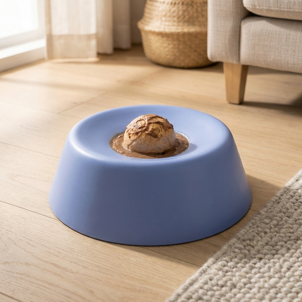 slow feeder dog bowl with rolling enrichment ball in use