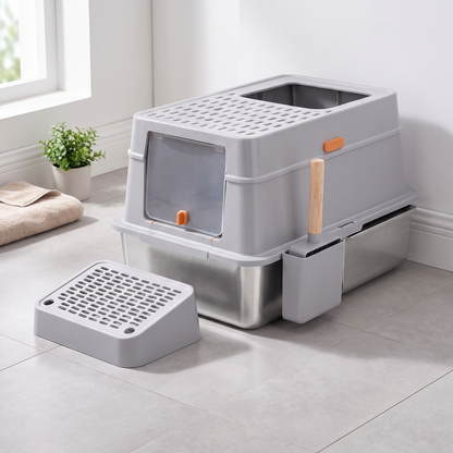 stainless steel litter box xl fully enclosed with front entry in use