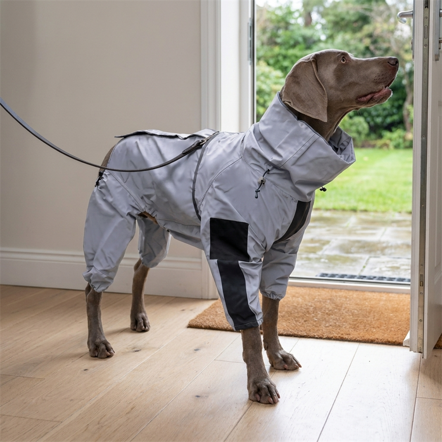 waterproof dog coat with legs reflective all weather rain suit in use