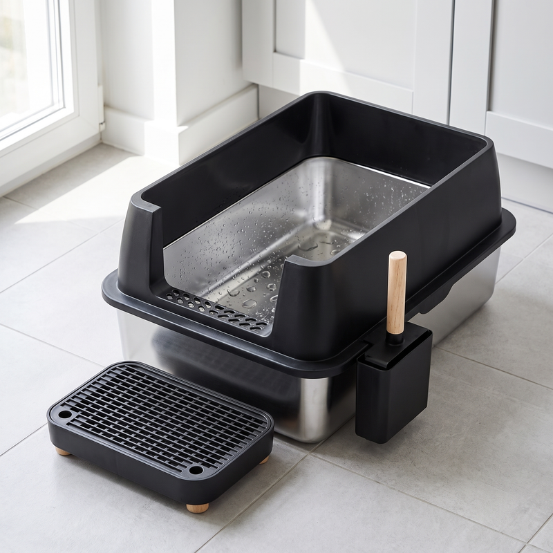 xl front entry stainless steel litter box in use