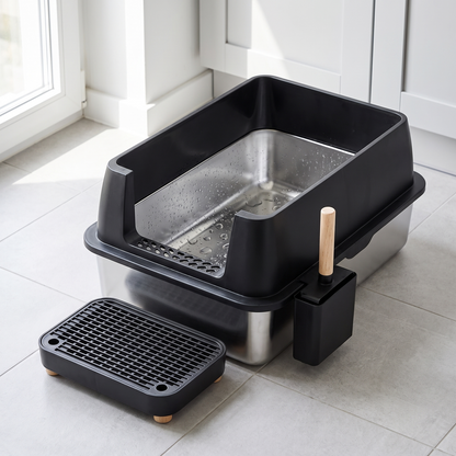 xl front entry stainless steel litter box in use
