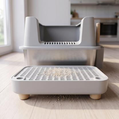 b3 less mess: the grated anti-tracking step in the foreground with litter granules caught on the ribs and fallen through