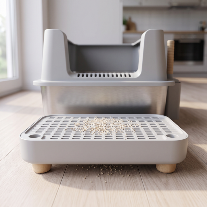 b3 less mess: the grated anti-tracking step in the foreground with litter granules caught on the ribs and fallen through