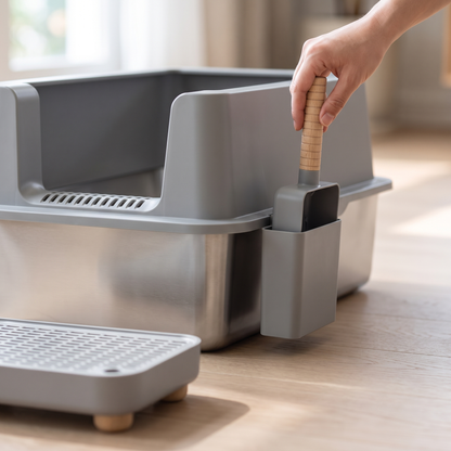 b3 less mess, everything to hand: scoop lifted from its own side holder, integrated grated front lip and the separate an