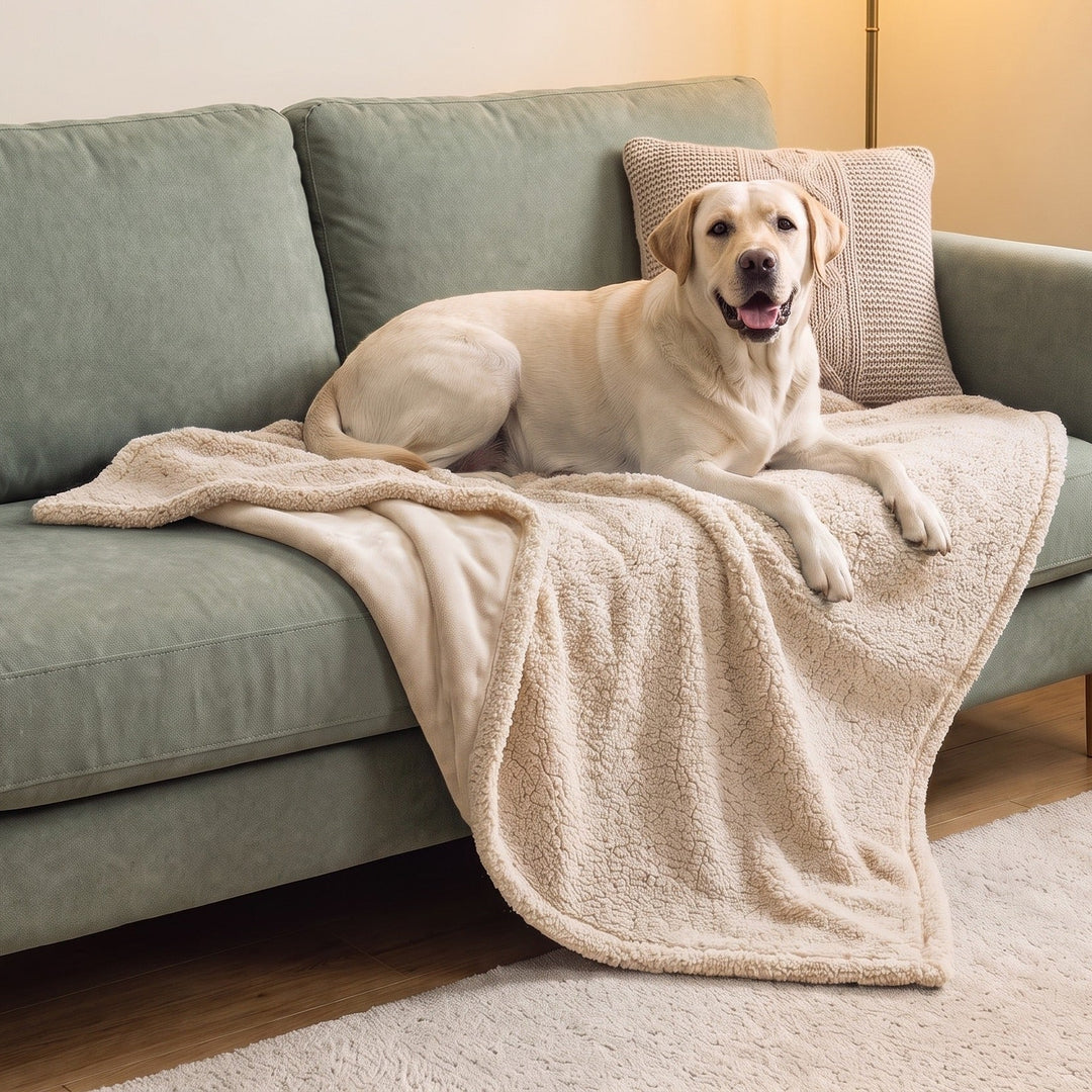 Happy yellow Labrador lying on a beige waterproof sherpa dog blanket draped over a sofa in a cosy living room
